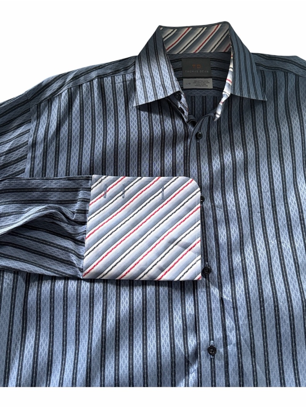 Thomas Dean Men’s Flip Cuff Striped Dress Shirt Long Sleeve Size L Cotton